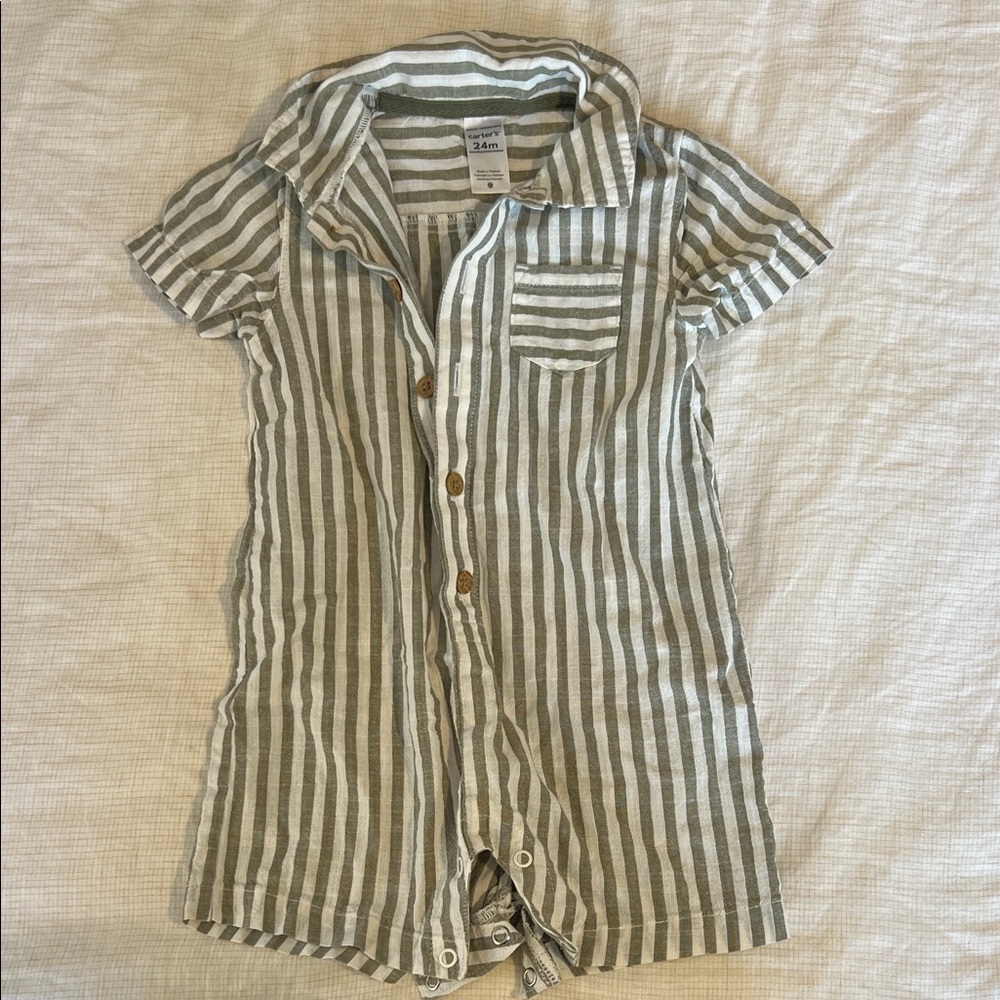 Carter's Green and White Striped Romper - 24 months
